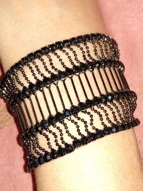 Black Beaded Mesh Cage Bracelet Stretchy Goth Cuff Darkened Metal Ball Chain